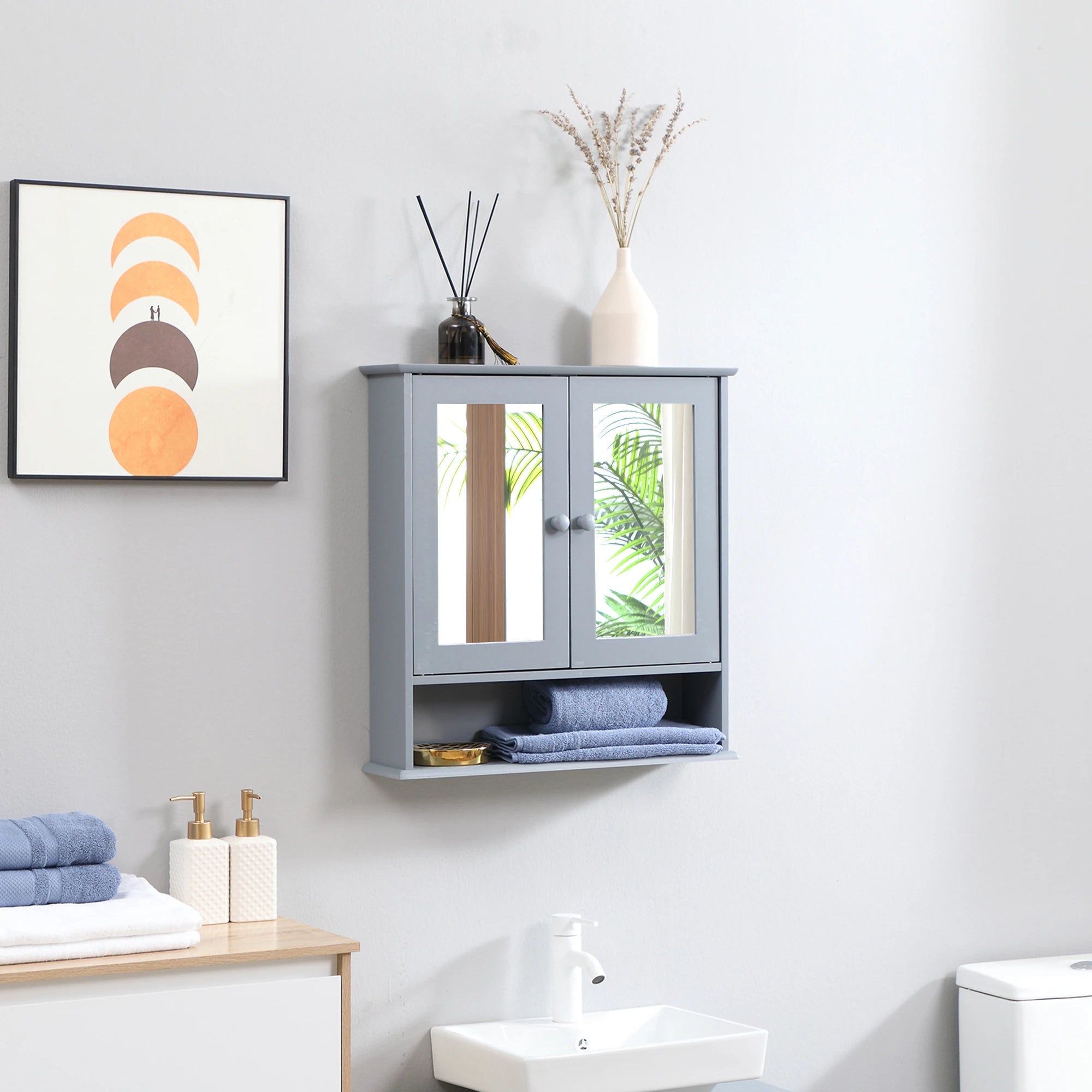 Wall-Mounted Medicine Cabinet, Double Doors, Open Shelf, Adjustable, Grey Mirror Medicine Cabinets at Gallery Canada