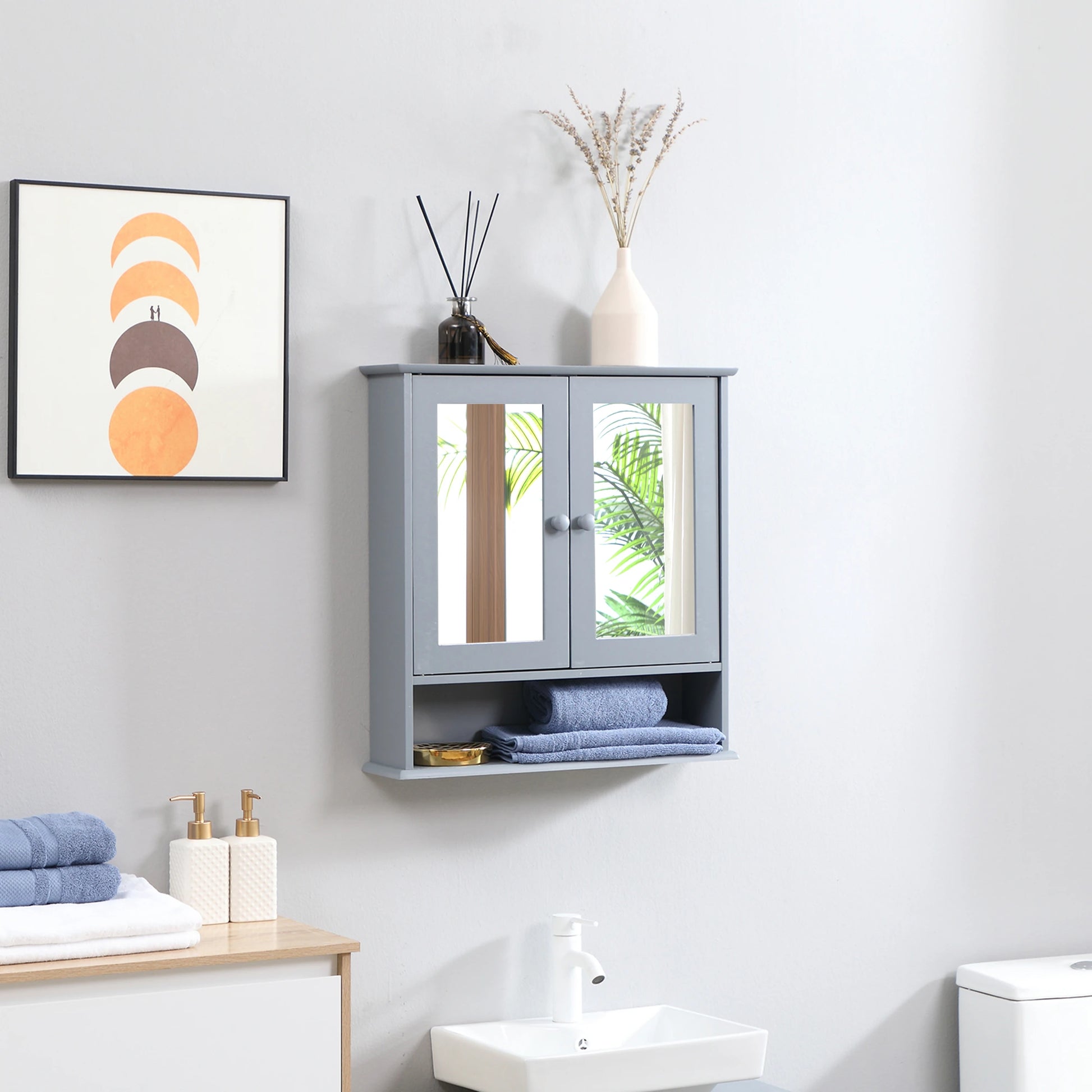 Wall-Mounted Medicine Cabinet, Double Doors, Open Shelf, Adjustable, Grey Mirror Medicine Cabinets at Gallery Canada