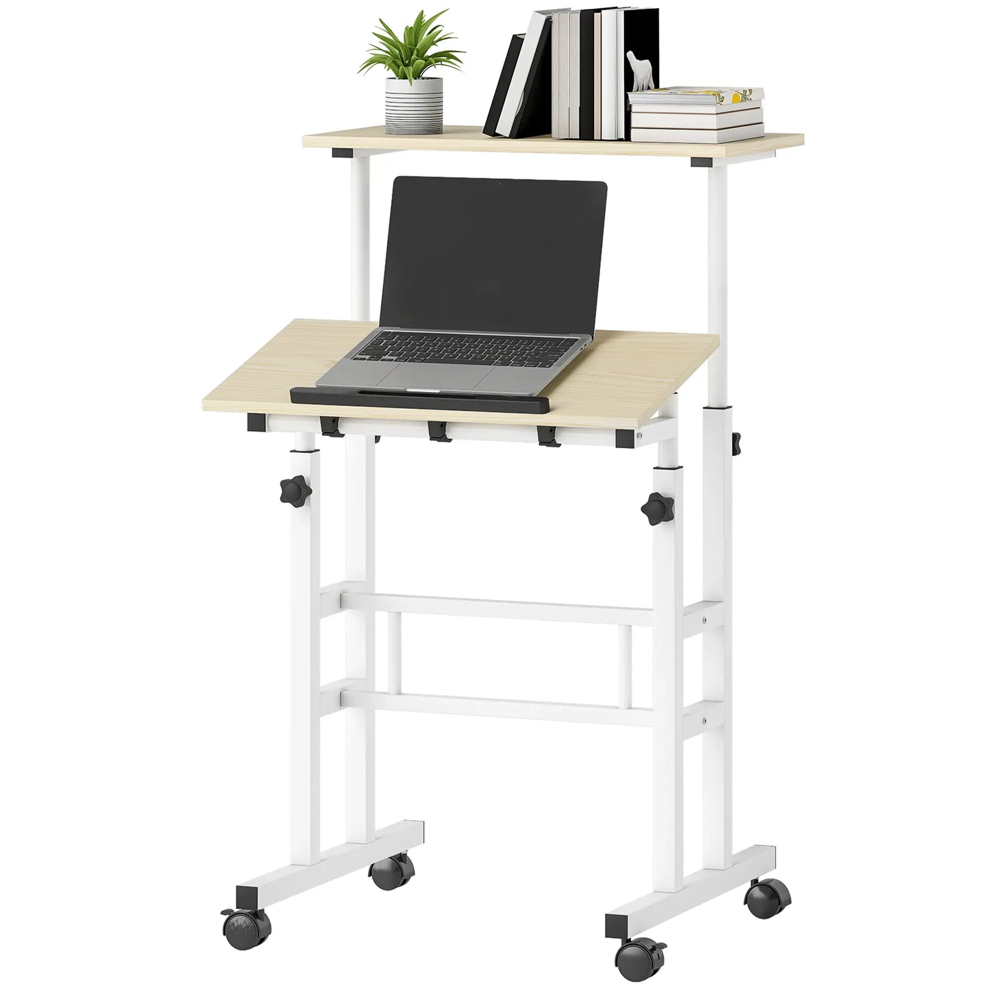 Height Adjustable Standing Desk with Wheels, Natural Computer Desks Natural, White at Gallery Canada