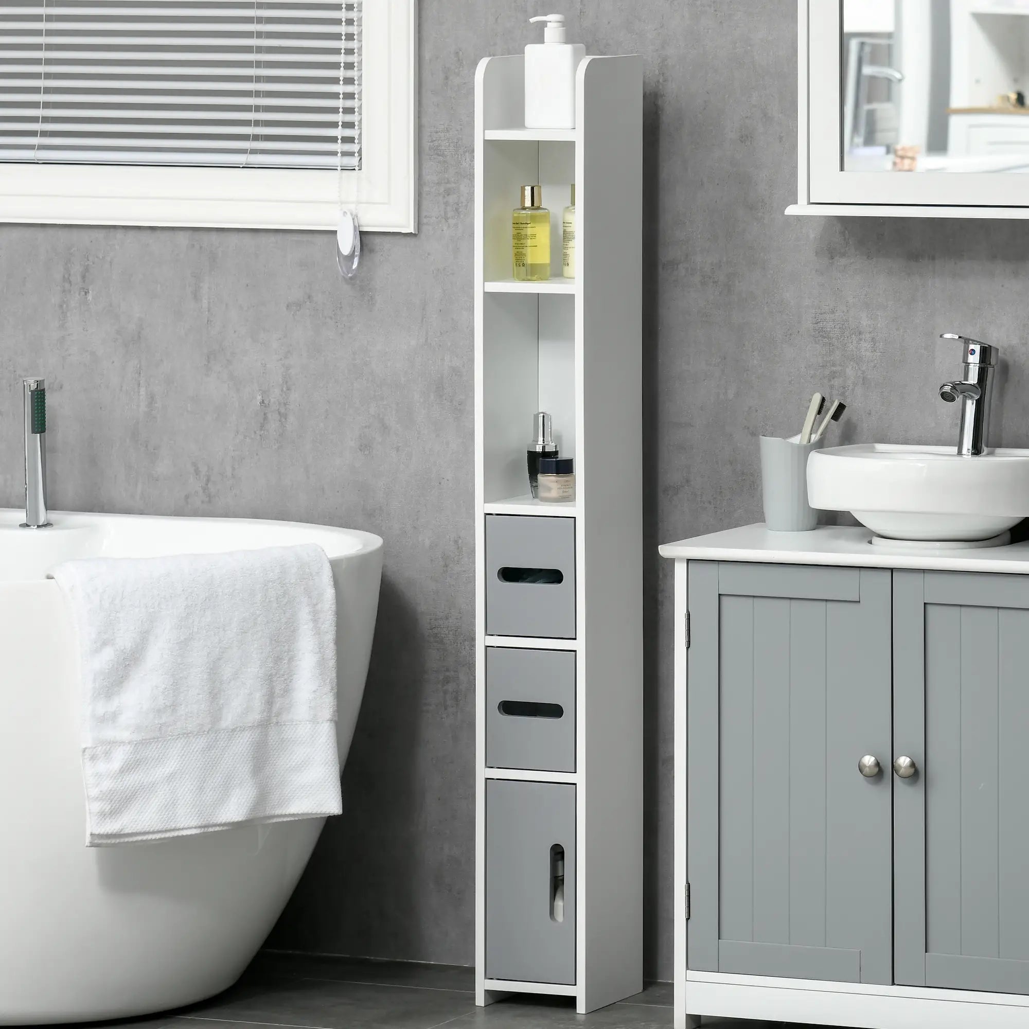 Freestanding Tall Bathroom Cabinet, Narrow Bathroom Storage Cabinet with Shelves and Cupboards, Grey and White Freestanding Bathroom Cabinets at Gallery Canada