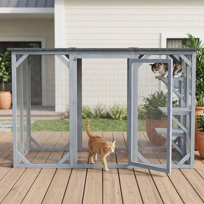 44.1" H Cat Cage, Indoor Outdoor Wooden Pet House, Small Animal Hutch, Grey Outdoor Cat Enclosures at Gallery Canada