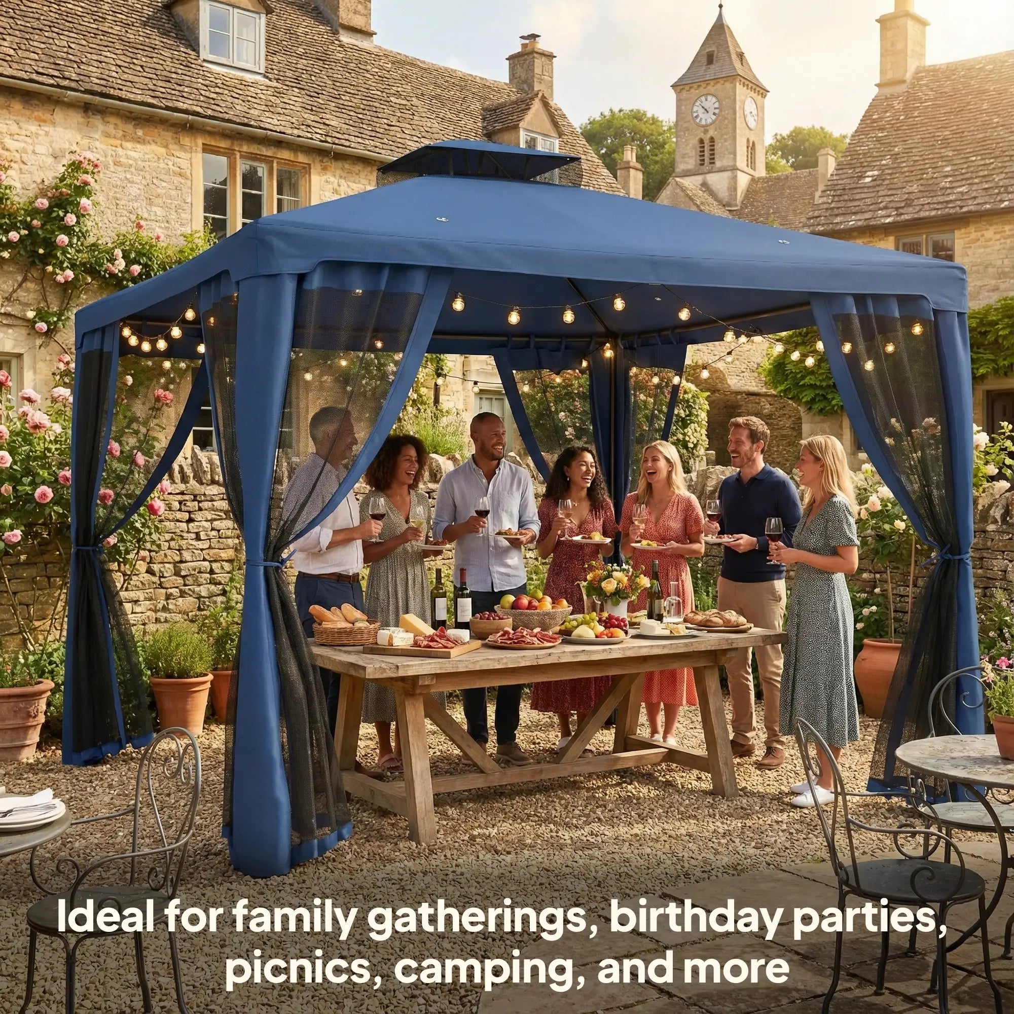 9.6' x 9.6' Patio Gazebo, Steel Frame, Mosquito Netting, Dark Blue Gazebos at Gallery Canada