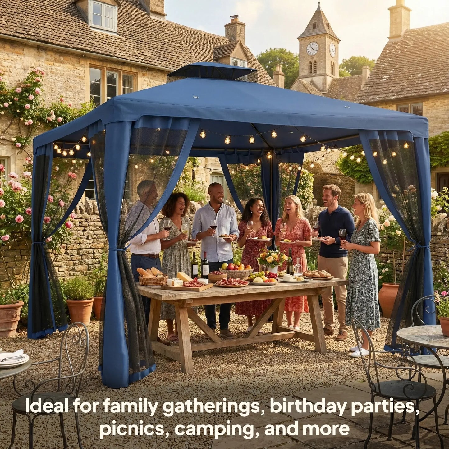 9.6' x 9.6' Patio Gazebo, Steel Frame, Mosquito Netting, Dark Blue Gazebos at Gallery Canada