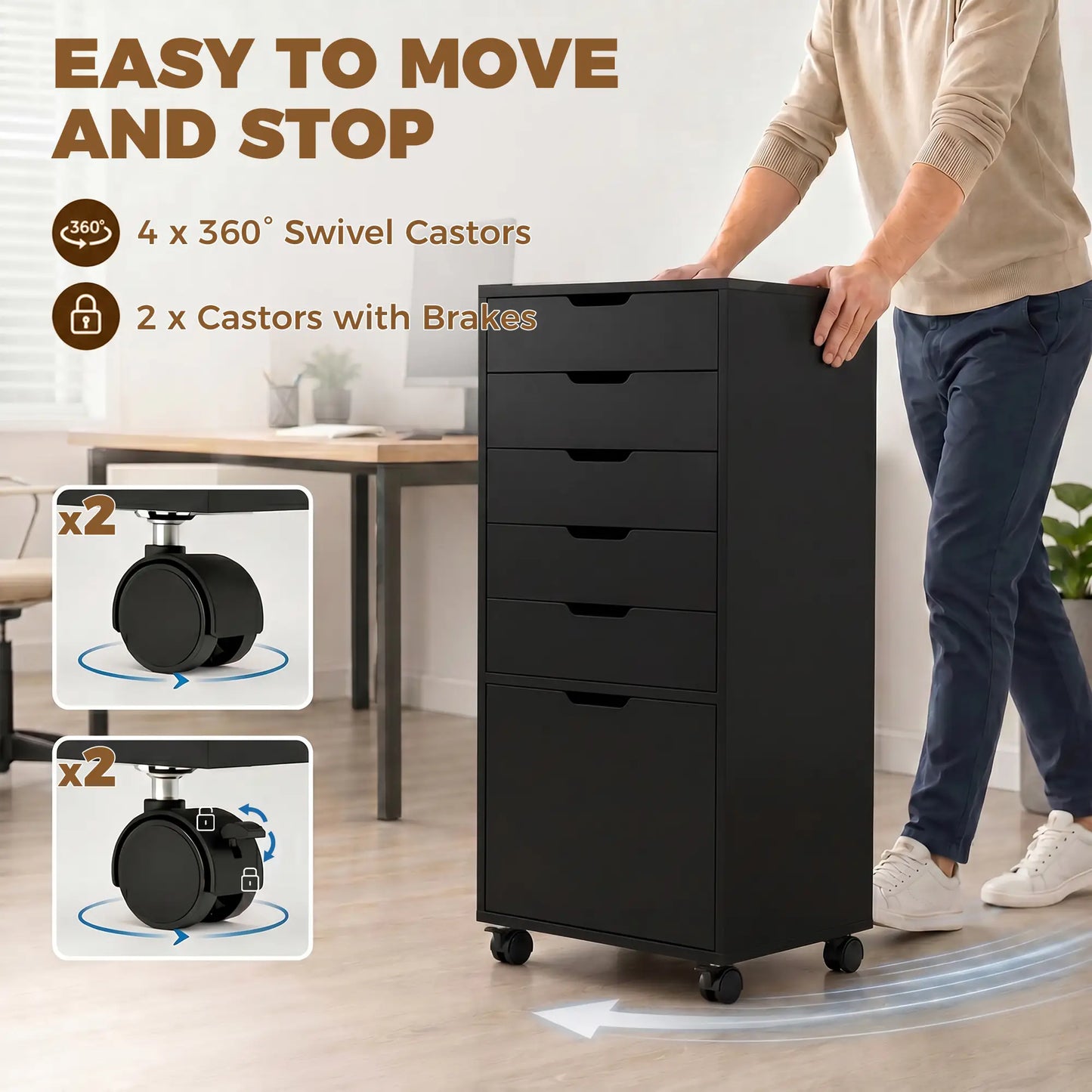 Mobile File Cabinet On Wheels, 5 Drawer Printer Stand, Black