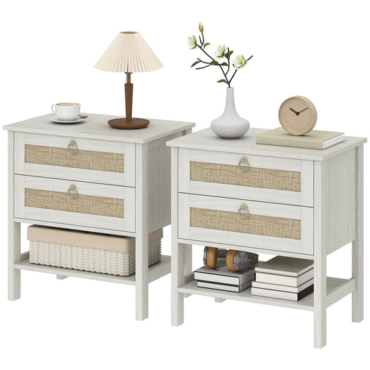 Set Of 2 Rattan Nightstands, 2 Drawers, Storage Shelf, White Oak Bedside Tables White Oak, Natural at Gallery Canada