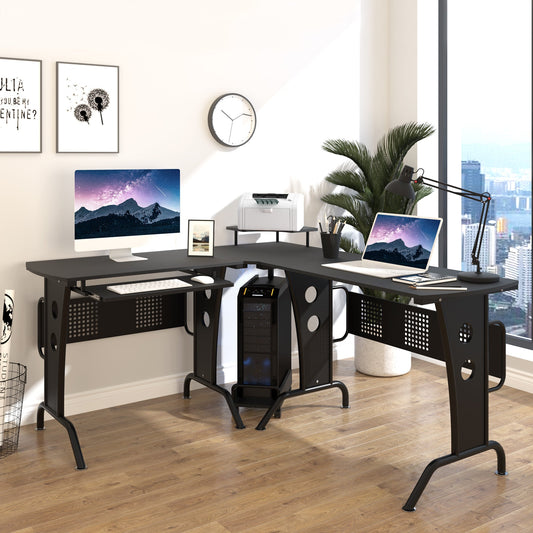L-Shaped Computer Desk for PC, Corner Table for Small Spaces with Elevated Shelf, Keyboard Tray, CPU Stand, Home Office - Gallery Canada