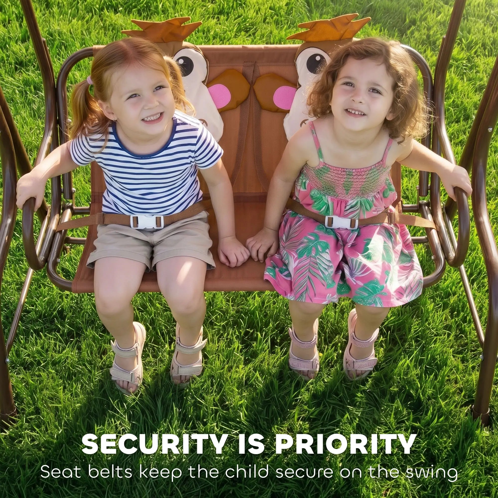 2-Seat Kids Porch Swing, Adjustable Canopy, Seat Belt, Monkey Pattern, 3-6 Years, Coffee Gym Sets & Swings at Gallery Canada