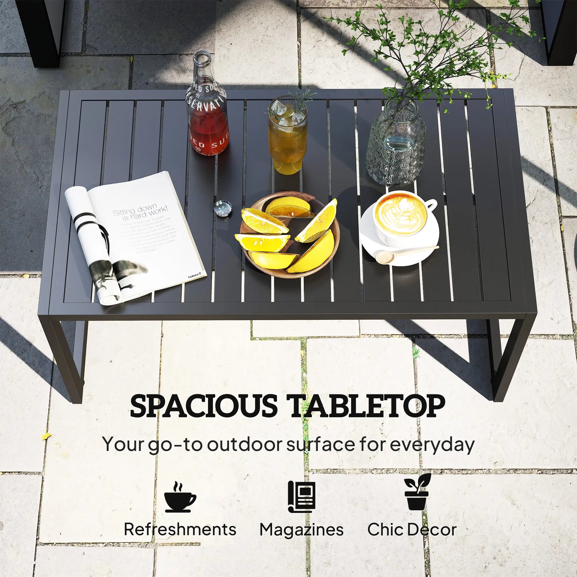 Outdoor Coffee Table, Slatted Tabletop, Adjustable Foot Pads, Black Patio Side Tables at Gallery Canada