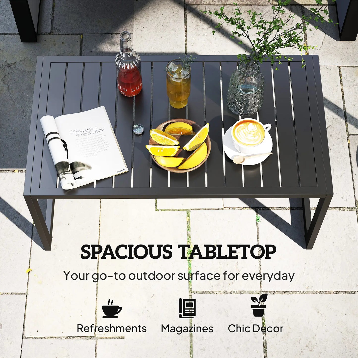 Outdoor Coffee Table, Slatted Tabletop, Adjustable Foot Pads, Black Patio Side Tables at Gallery Canada