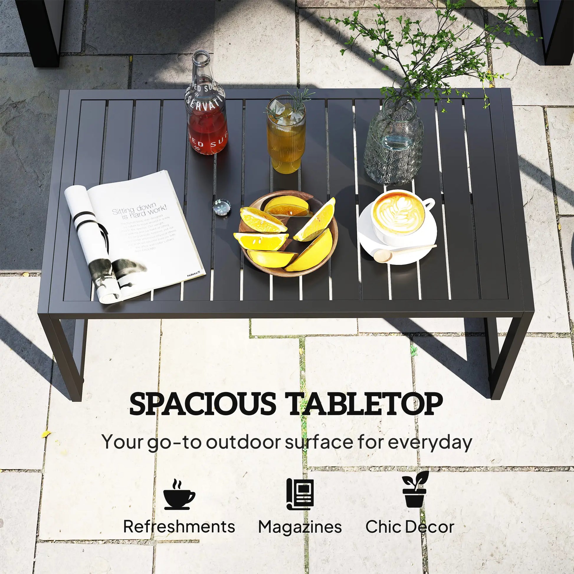 Outdoor Coffee Table, Slatted Tabletop, Adjustable Foot Pads, Black Patio Side Tables at Gallery Canada