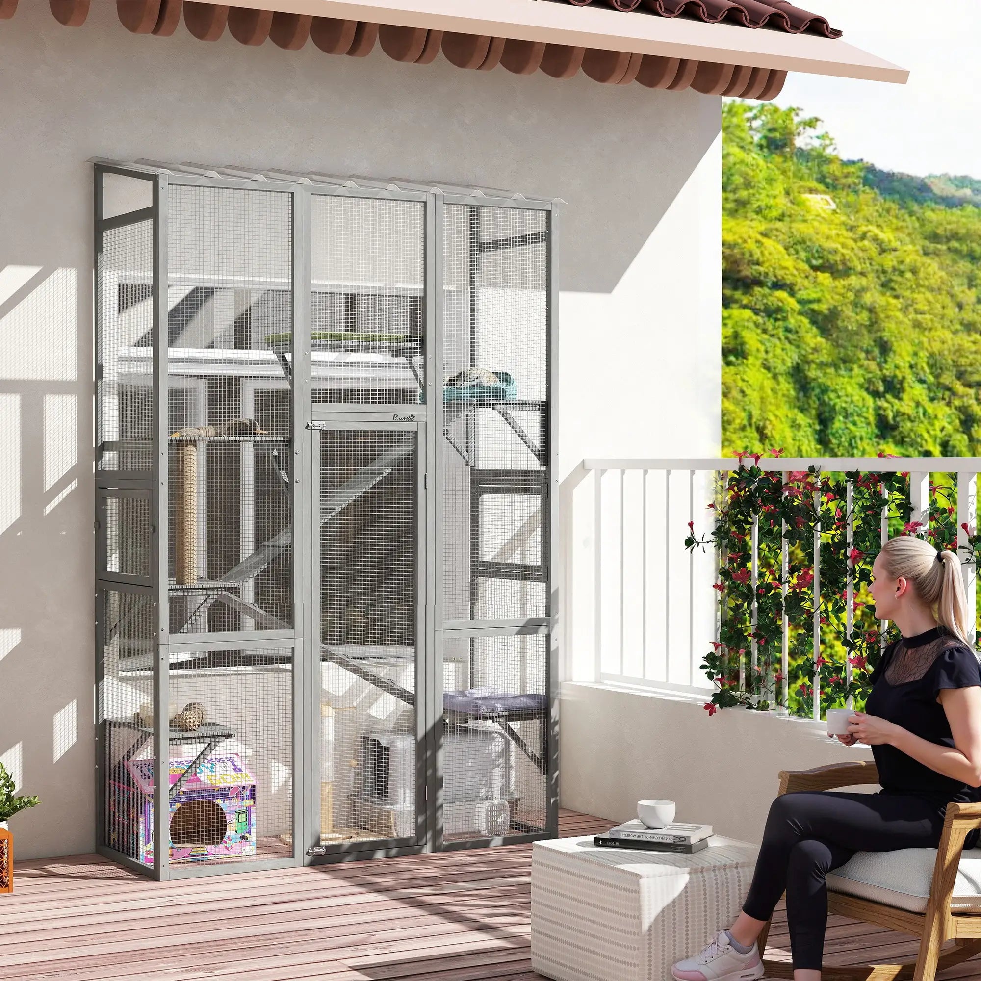 Wooden Catio Outdoor Cat Enclosure, 6 Jumping Platforms, Scratching Post, 2 Ramps, Waterproof Roof, Grey Outdoor Cat Enclosures at Gallery Canada