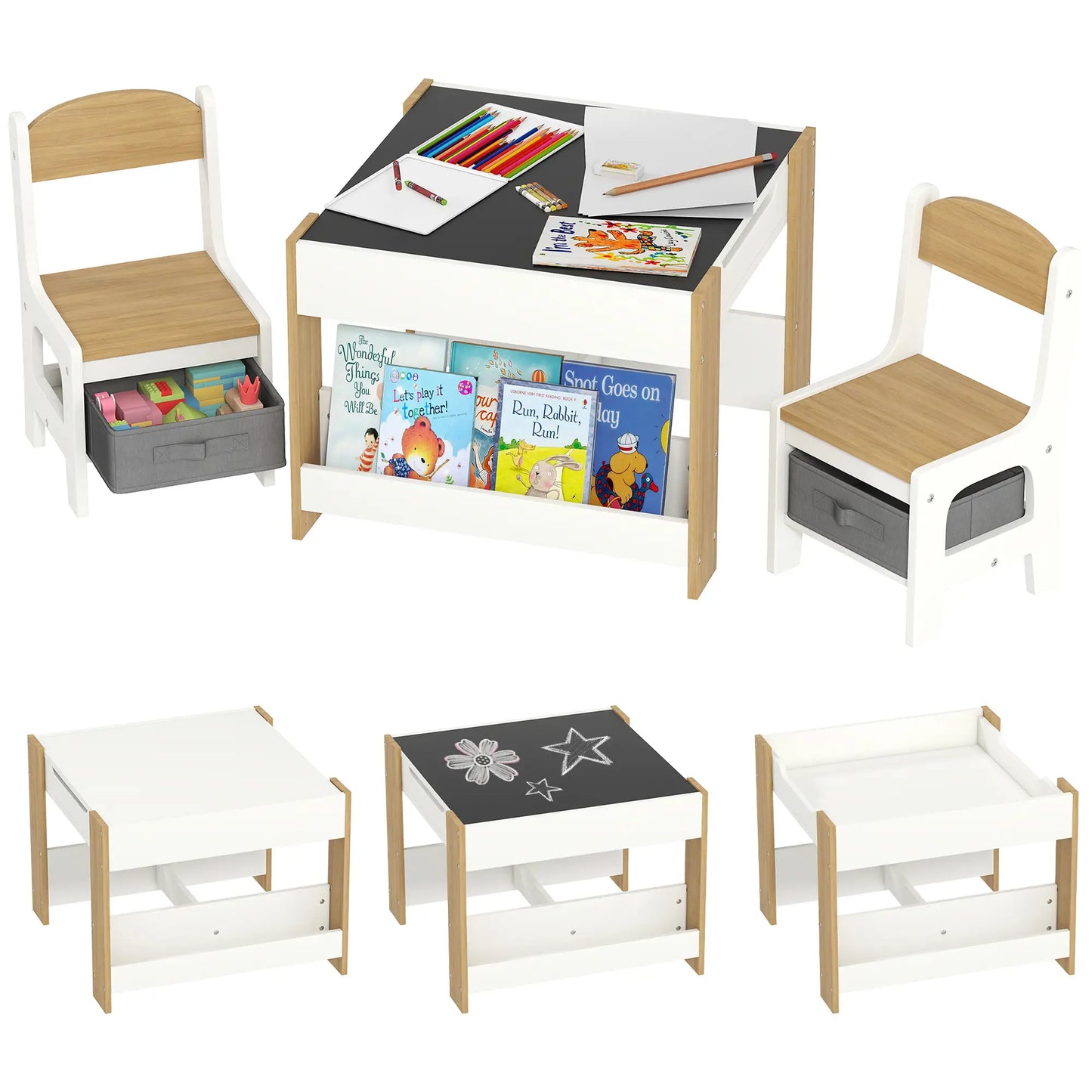 3 Piece Kids Table and Chair Set, Reversible Tabletop, Blackboard, Storage, Bookshelf, Natural Kids Table Sets at Gallery Canada
