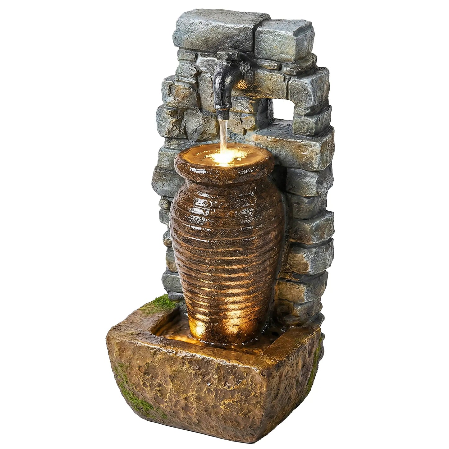 Outdoor Garden Fountain, Adjustable Water Flow, LED Lights, Rustic Urn Design Water Fountains Mixed Colour at Gallery Canada