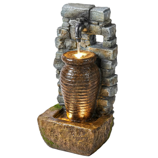 Outdoor Garden Fountain, Adjustable Water Flow, LED Lights, Rustic Urn Design Water Fountains Mixed Colour at Gallery Canada