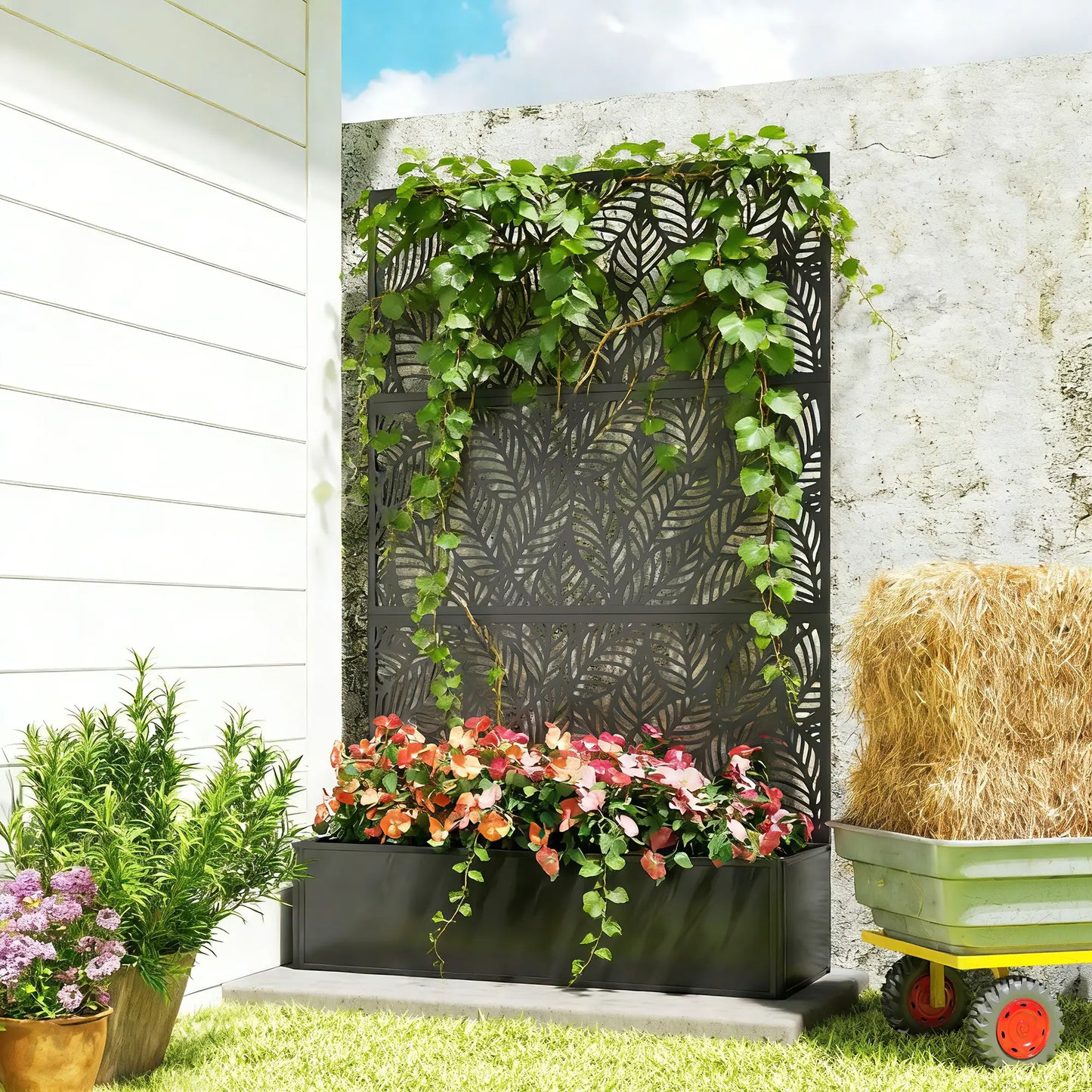 70" Metal Planter Box With Trellis, Raised Garden Bed, Leaves Cut-Out Galvanized Planter Boxes at Gallery Canada