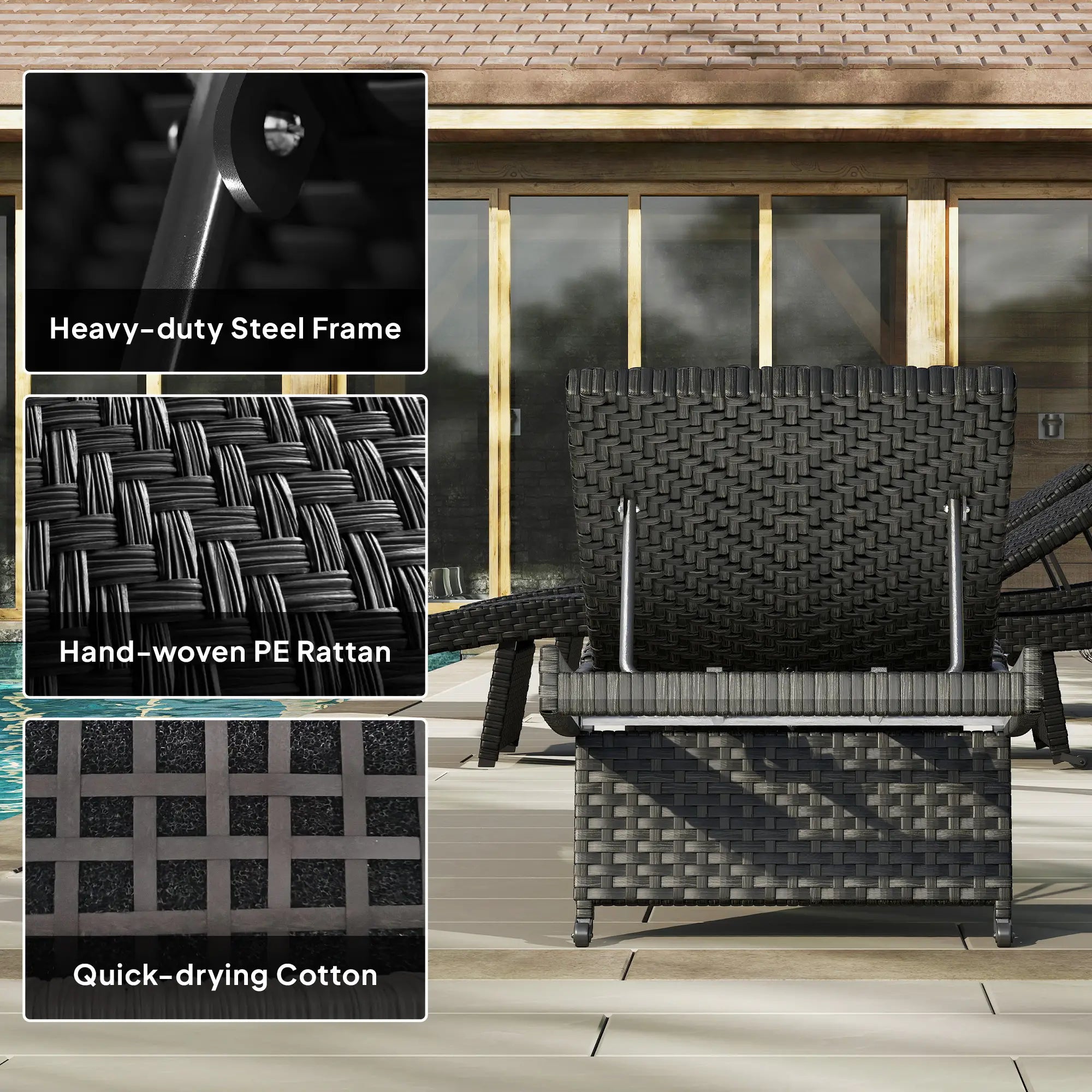 Folding Wicker Outdoor Chaise Lounge, 4-Level Adjustable Backrest, Black Wicker Chaise Loungers at Gallery Canada