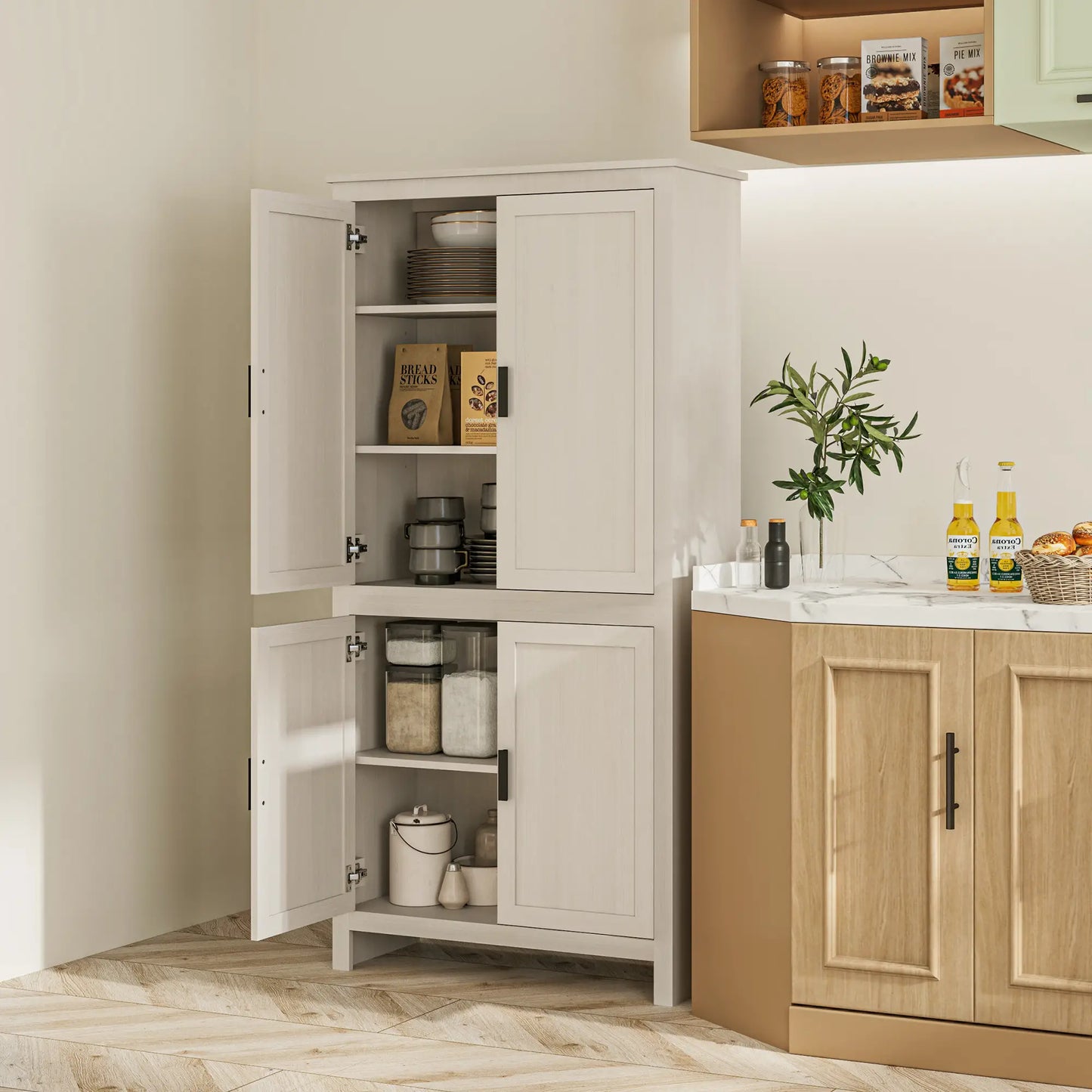 64" Kitchen Pantry Cabinet, 4 Doors, 3 Adjustable Shelves, Antique White, White Kitchen Pantry Cabinets at Gallery Canada