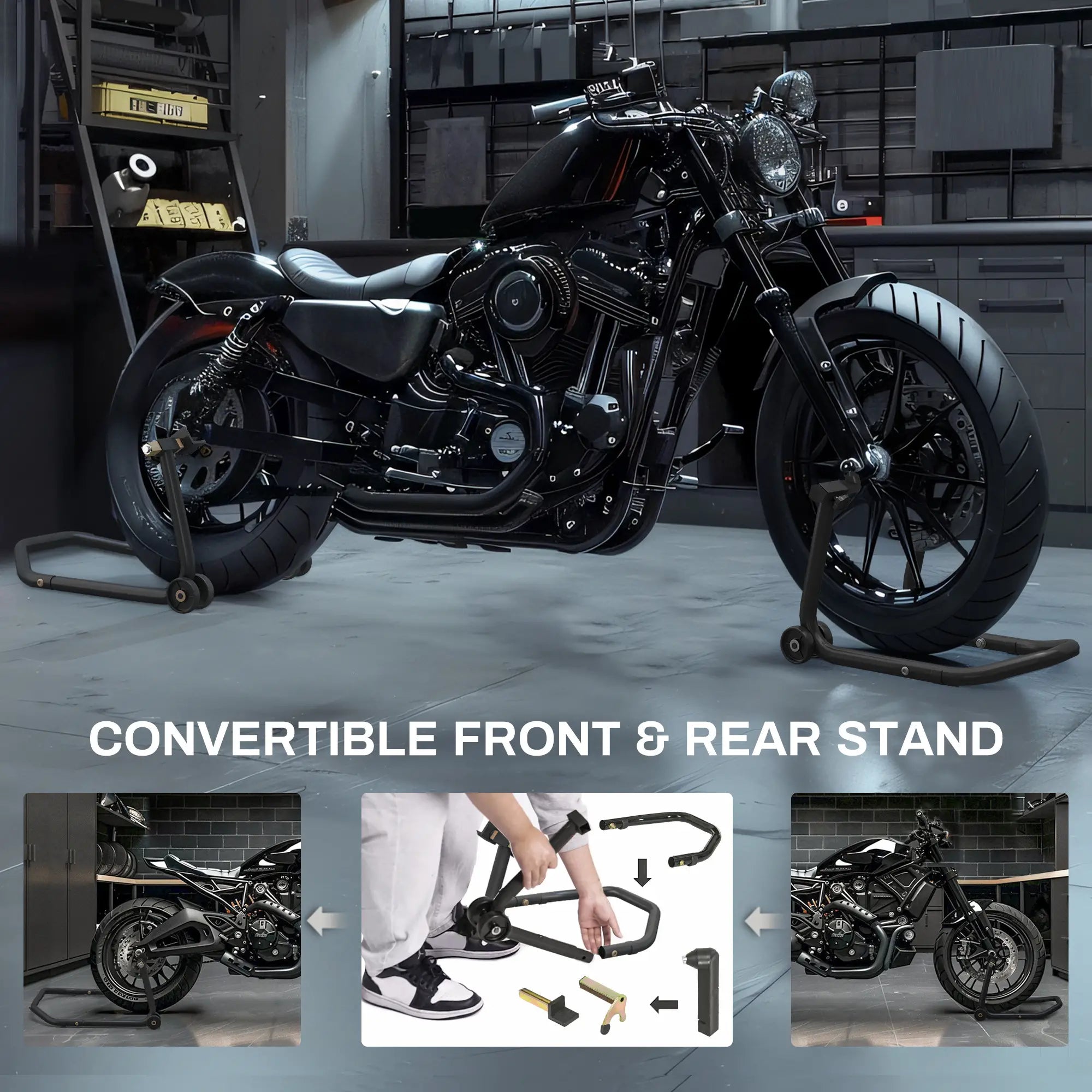 Convertible Motorcycle Stand, Front Rear Lift, 3 Adaptors, Black Automotive at Gallery Canada
