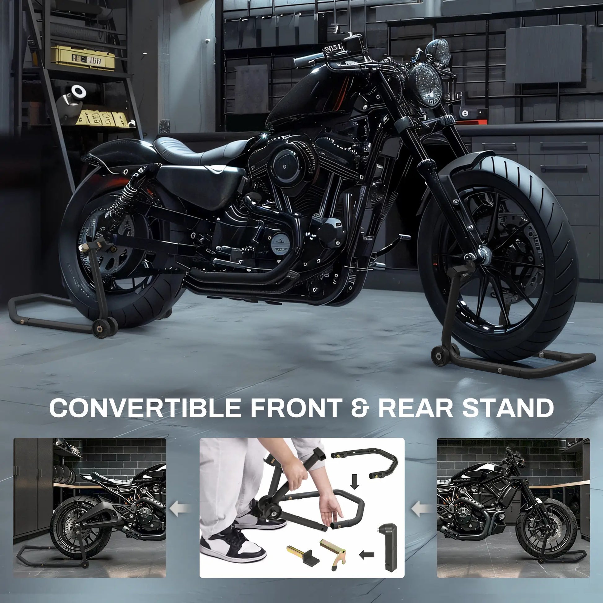Convertible Motorcycle Stand, Front Rear Lift, 3 Adaptors, Black Automotive at Gallery Canada