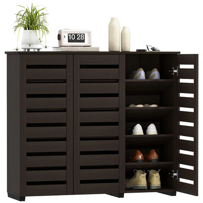Narrow Shoe Cabinet, Slatted Doors, Adjustable Shelves, 20 Pairs, Dark Brown Shoe Storage Cabinets & Racks at Gallery Canada