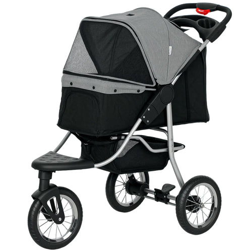 3-Wheel Pet Stroller, One-Click Folding, Adjustable Canopy, Grey