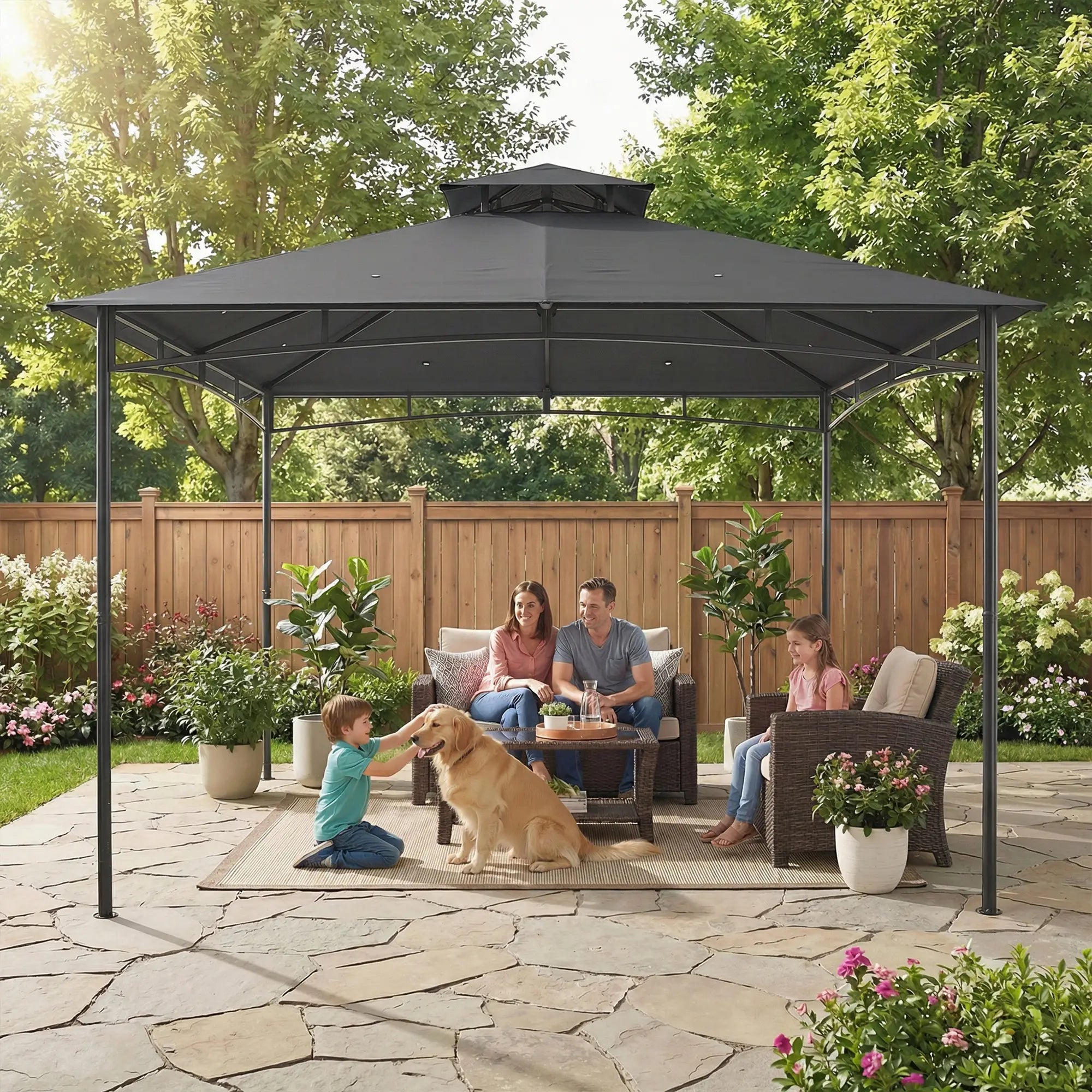 10' x 10' Gazebo, Metal Frame, 2-Tier Roof, Dark Grey Gazebos at Gallery Canada