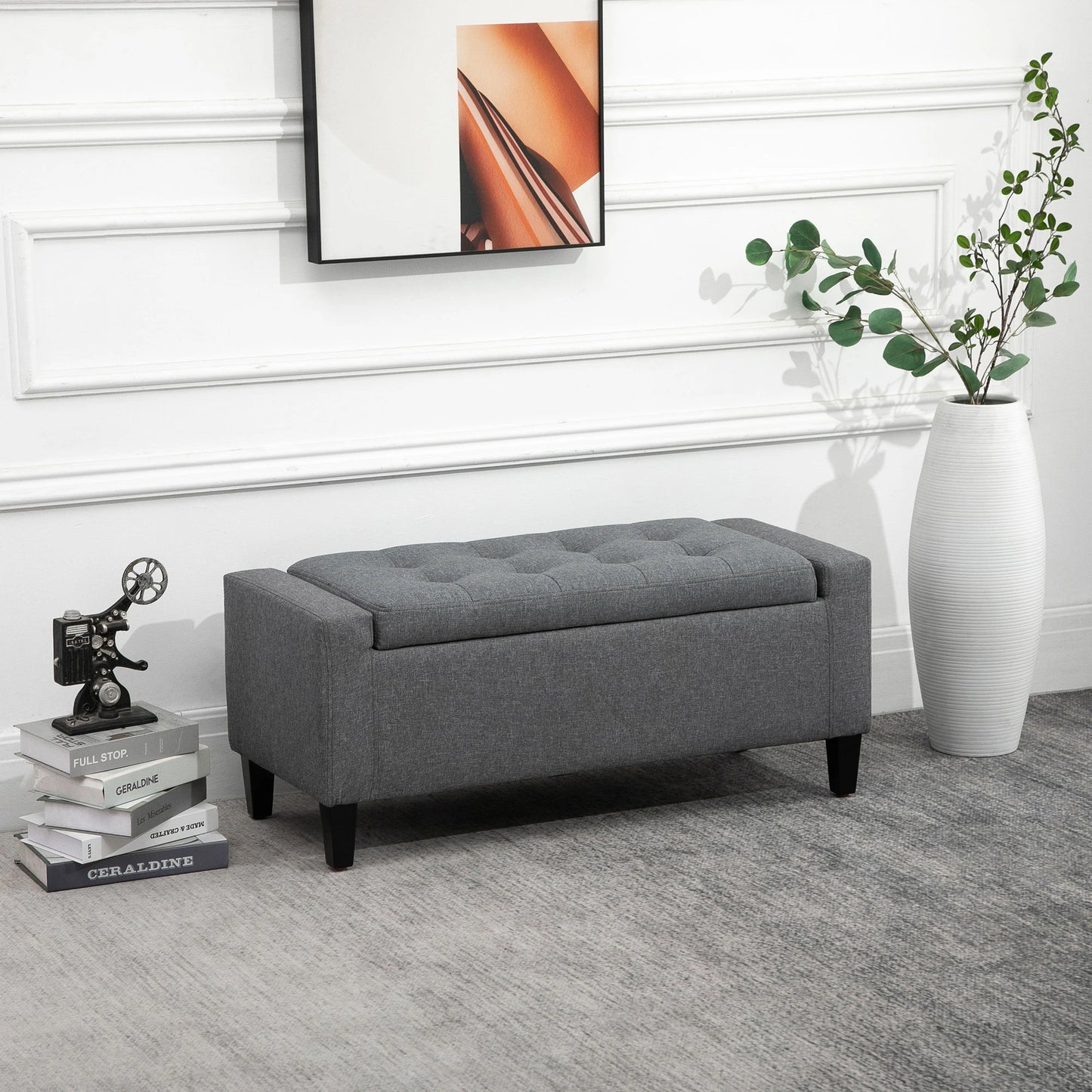 Storage Ottoman Bench, Tufted Linen Fabric, Flipping Top, Grey Storage Ottomans & Benches at Gallery Canada