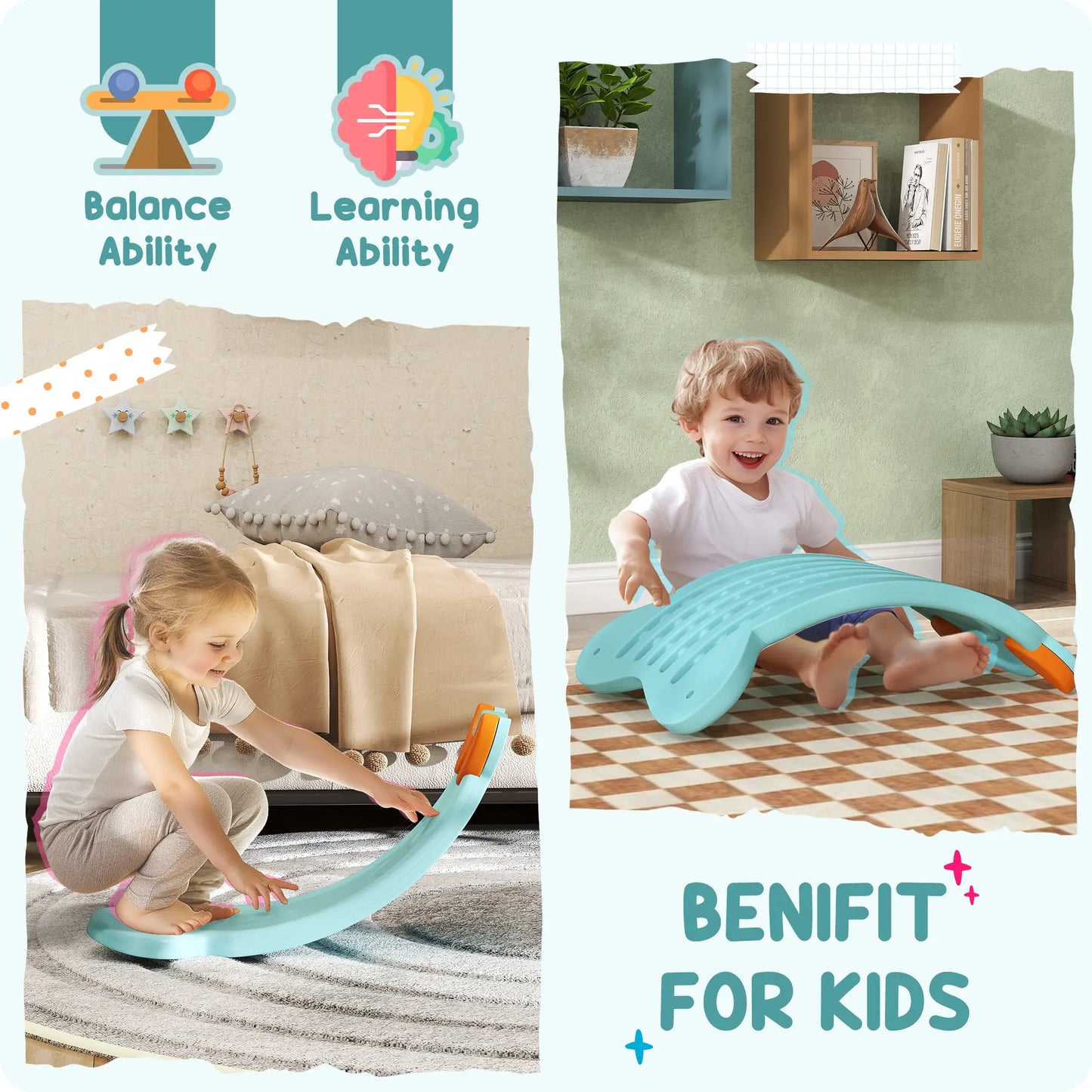 24.4" Kids Balance Board, Wobble Board Toddler Curved Rocker, Light Blue