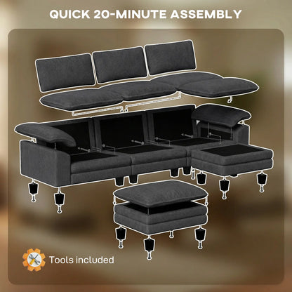 L-Shaped Sectional Sofa, Movable Ottoman, Pillow-Top Armrests, Dark Grey 3-Seater Sofas at Gallery Canada