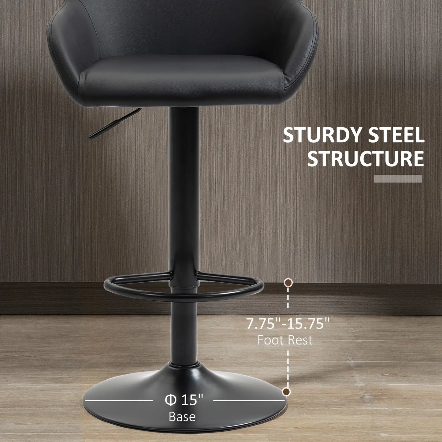 Adjustable Bar Stools Set of 2, Swivel with Footrest, PU Leather, Black Bar Stools at Gallery Canada