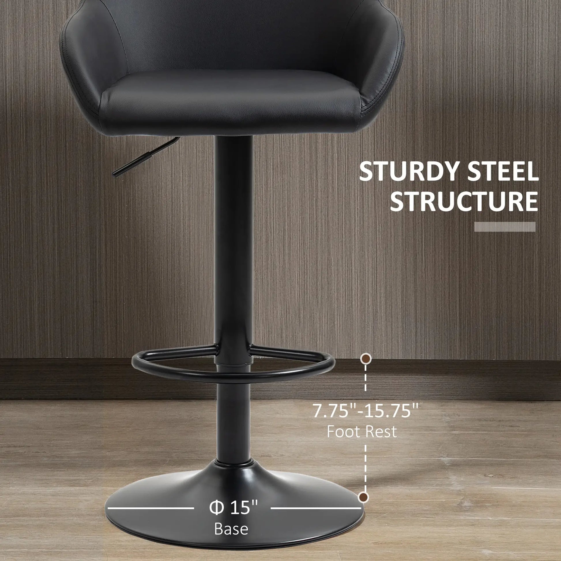 Adjustable Bar Stools Set of 2, Swivel with Footrest, PU Leather, Black Bar Stools at Gallery Canada