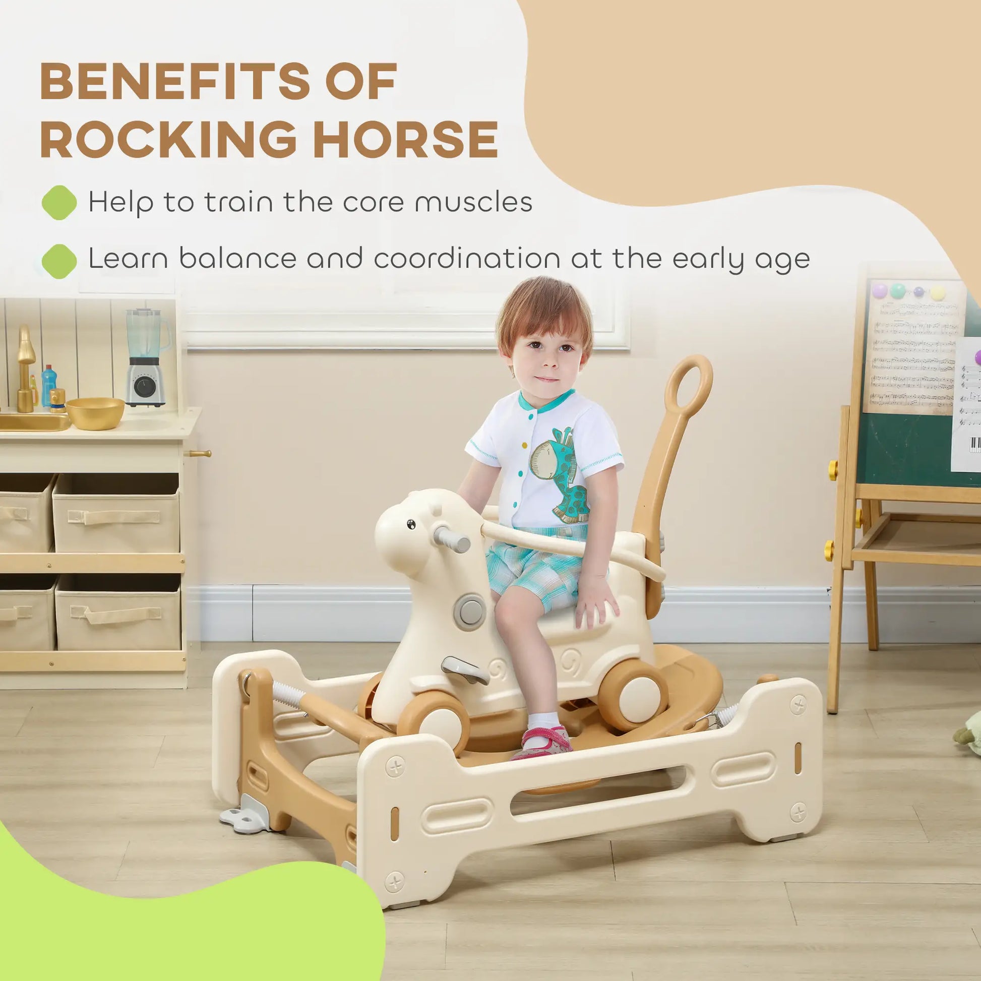 Rocking Horse for Toddlers, Balance Board, Push Handle, 4 Wheels, Brown Rocking Horses at Gallery Canada