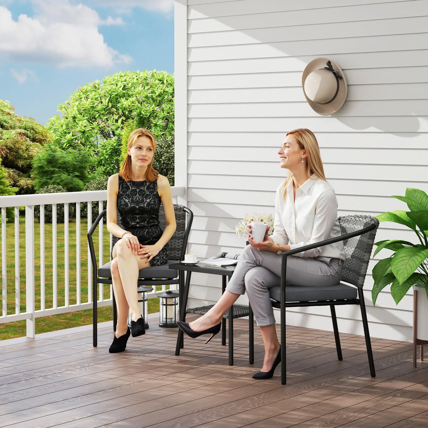 3 Piece Wicker Patio Set, 2-Tier Glass Table, Dark Grey Bistro Sets at Gallery Canada