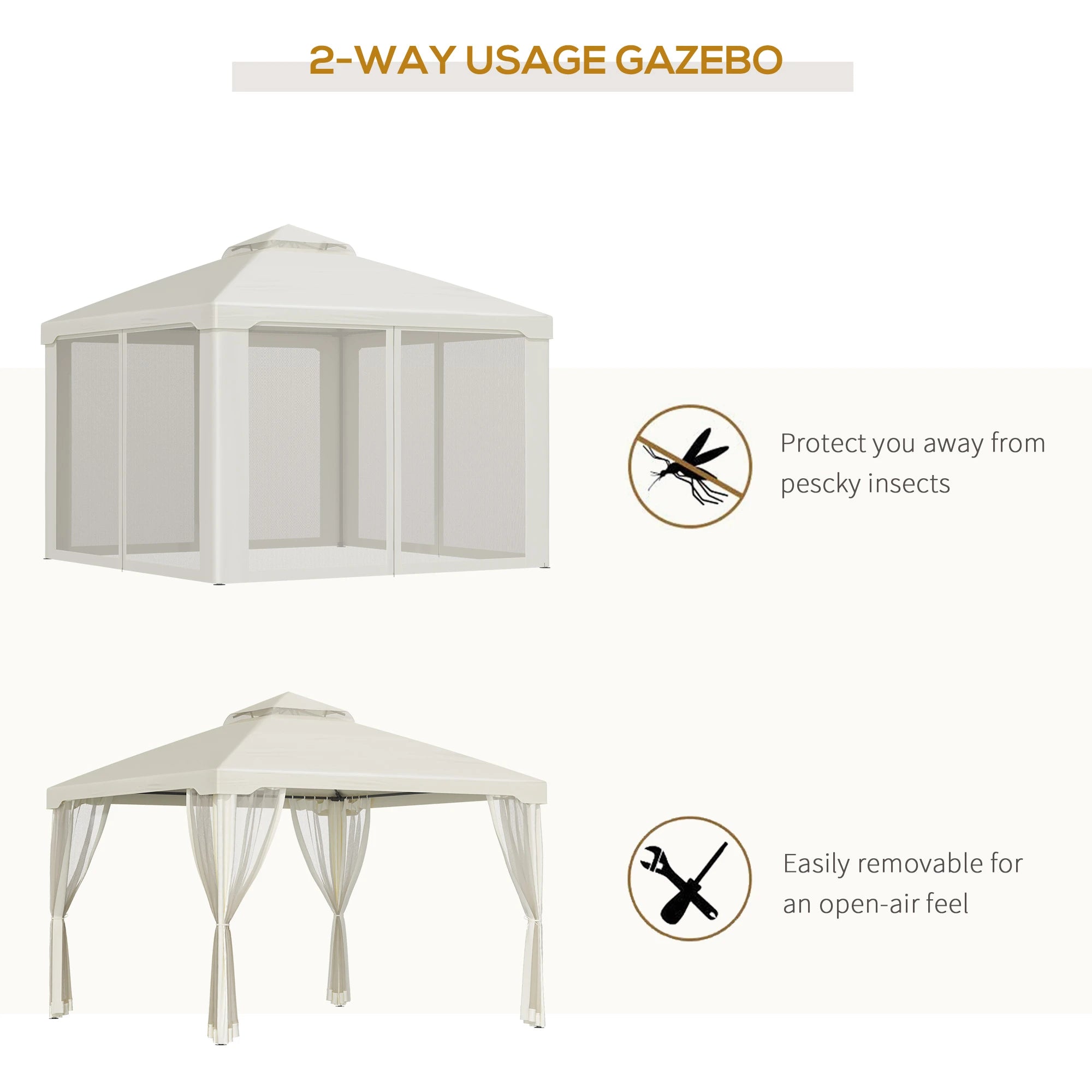 10' x 10' Patio Gazebo, Steel Frame, Mosquito Netting, Cream White Gazebos at Gallery Canada