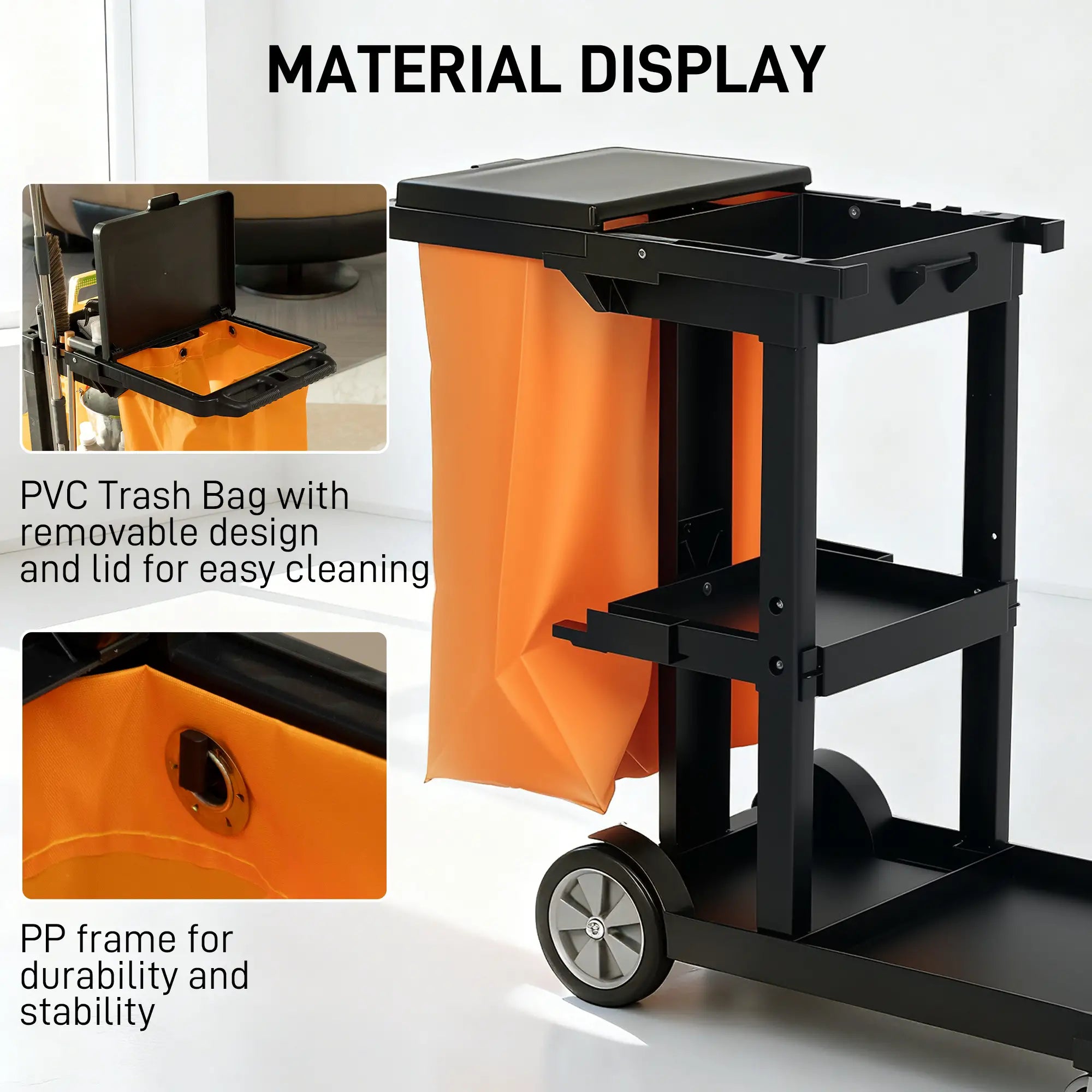 Commercial Janitorial Cart, 3 Tier Shelves, Black Household Supplies at Gallery Canada