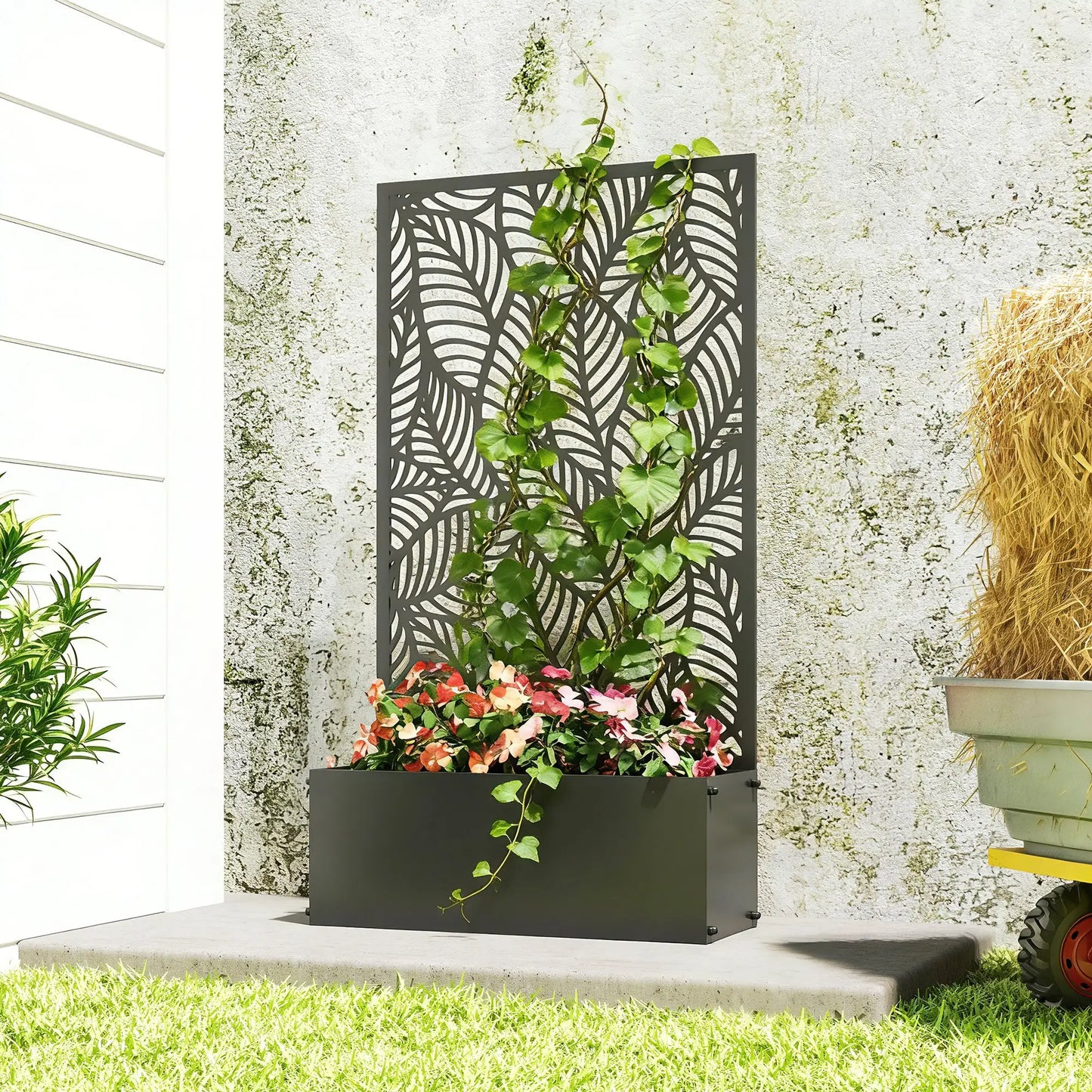 Metal Planter Box With Trellis, 44.5" Raised Garden Bed, Leaves Cut-Out Galvanized Planter Boxes at Gallery Canada