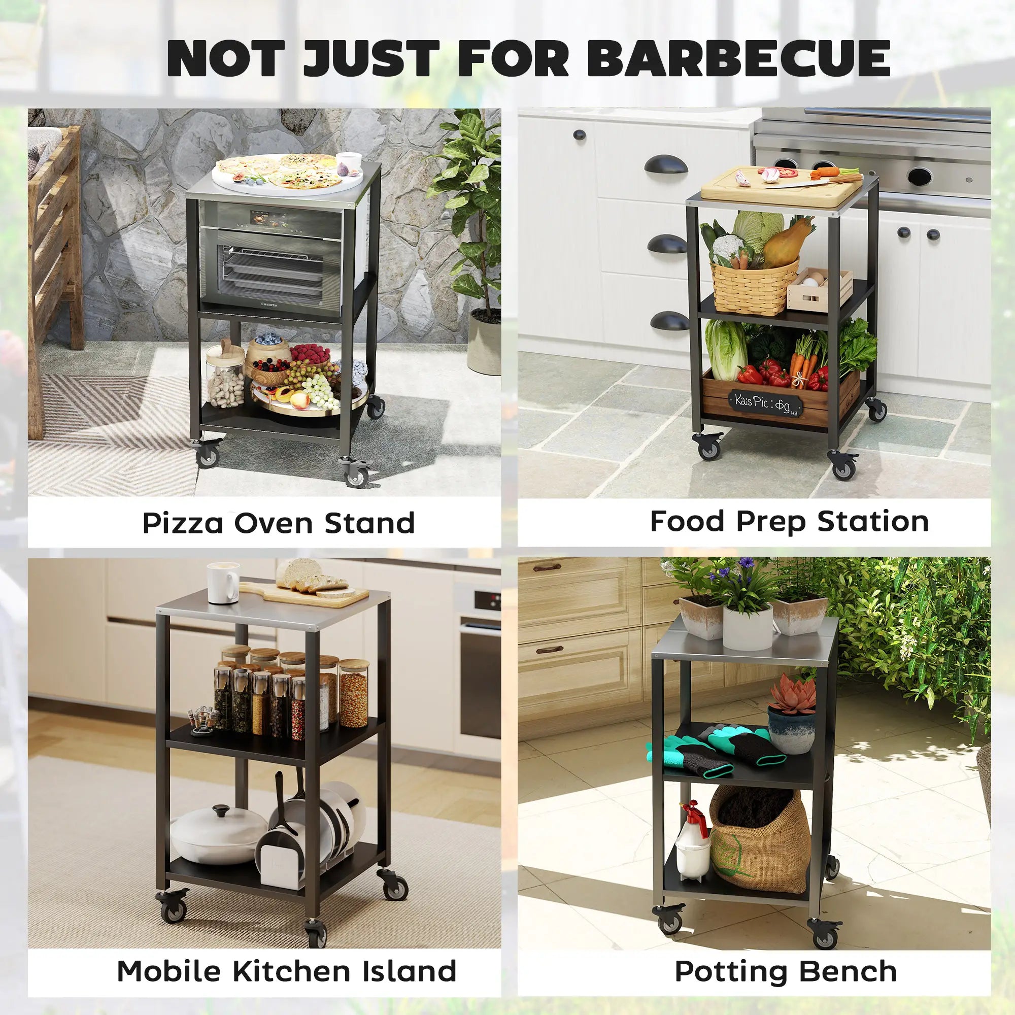 Outdoor Grill Cart, Pizza Oven Stand, 3-Tier Rolling Kitchen Prep Station, Black Outdoor Grill Carts at Gallery Canada