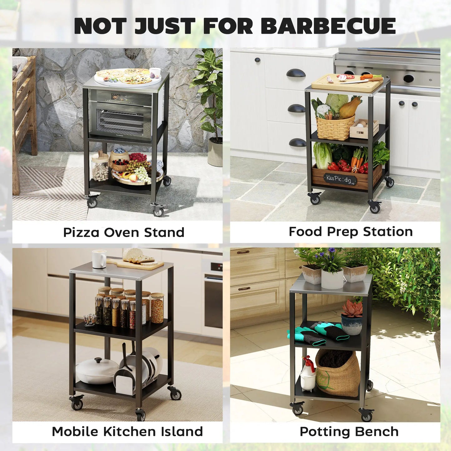 Outdoor Grill Cart, Pizza Oven Stand, 3-Tier Rolling Kitchen Prep Station, Black Outdoor Grill Carts at Gallery Canada