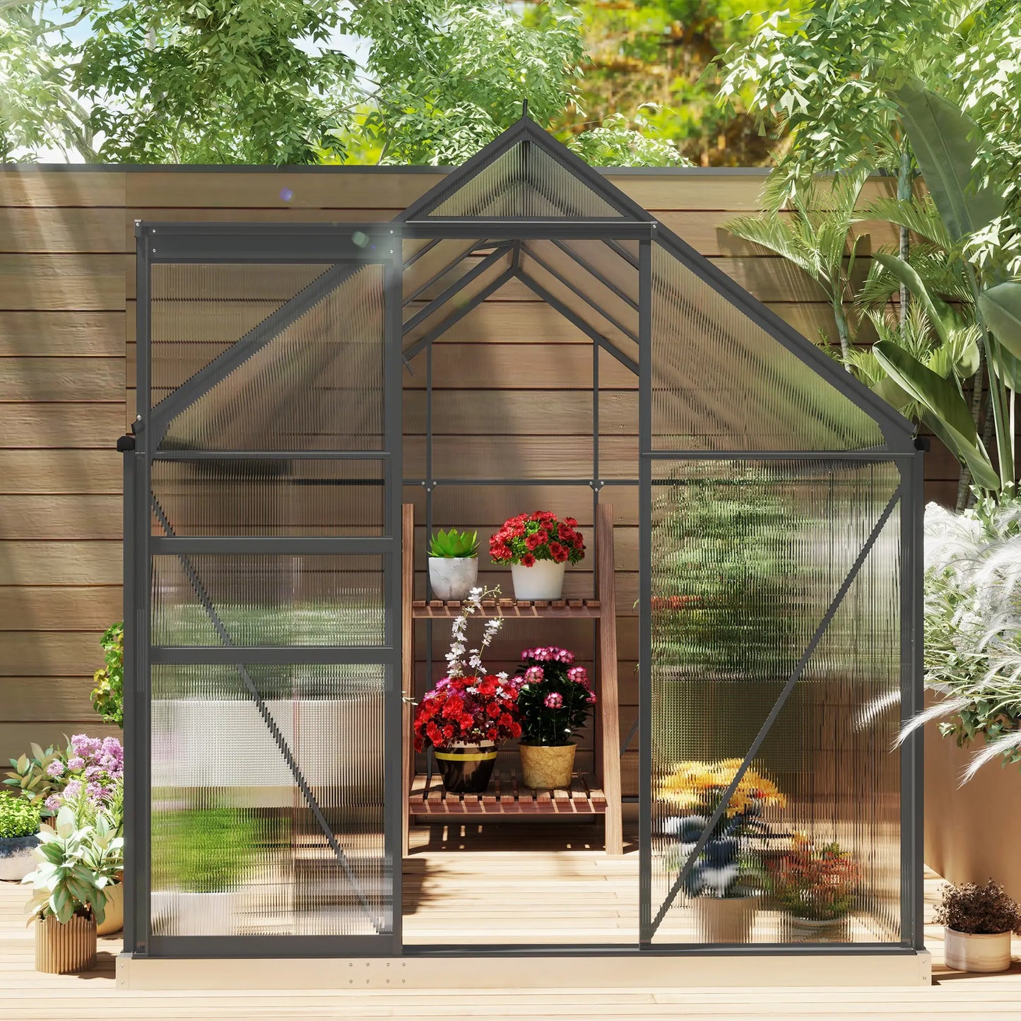 6' x 8' x 6.5' Polycarbonate Greenhouse, Walk-in, Adjustable Roof Vent, Charcoal Grey Walk In Greenhouses at Gallery Canada