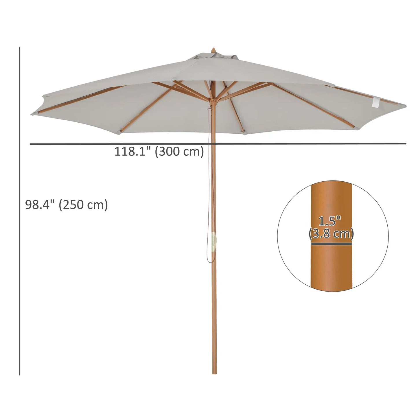 10' x 8' Wooden Patio Umbrella, Bamboo Rib Sunshade, Grey Sun Umbrellas at Gallery Canada