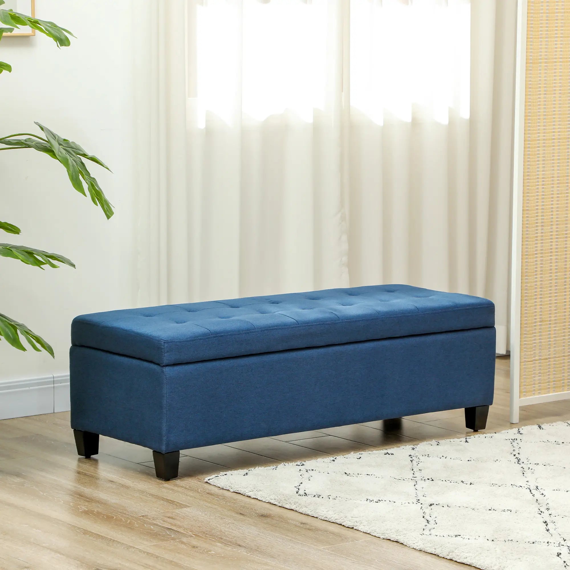 Rectangular Entry Bench, Tufted Upholstered Linen, Wood Feet, Blue Storage Ottomans & Benches at Gallery Canada