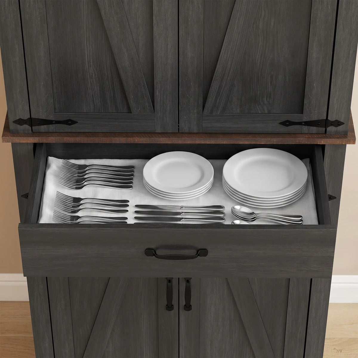 71" Tall Kitchen Cabinet, Farmhouse Pantry with Barn Doors, Drawer, Black