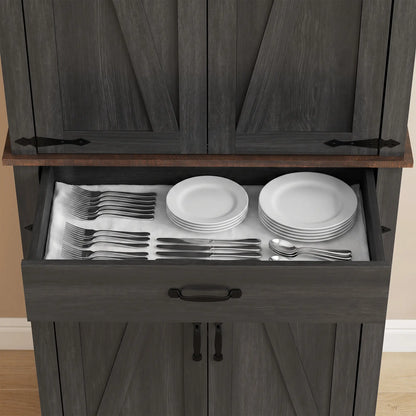 71" Tall Kitchen Cabinet, Farmhouse Pantry with Barn Doors, Drawer, Black