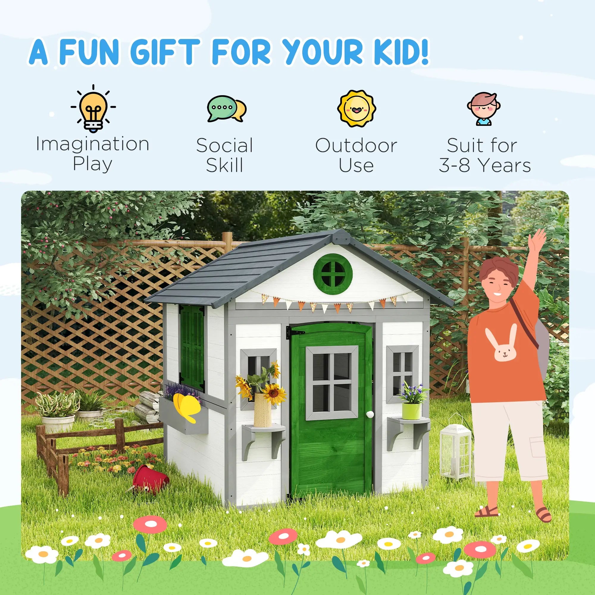 Wooden Playhouse With Door, Windows, Planter Pots, Boxes, White Play Houses at Gallery Canada