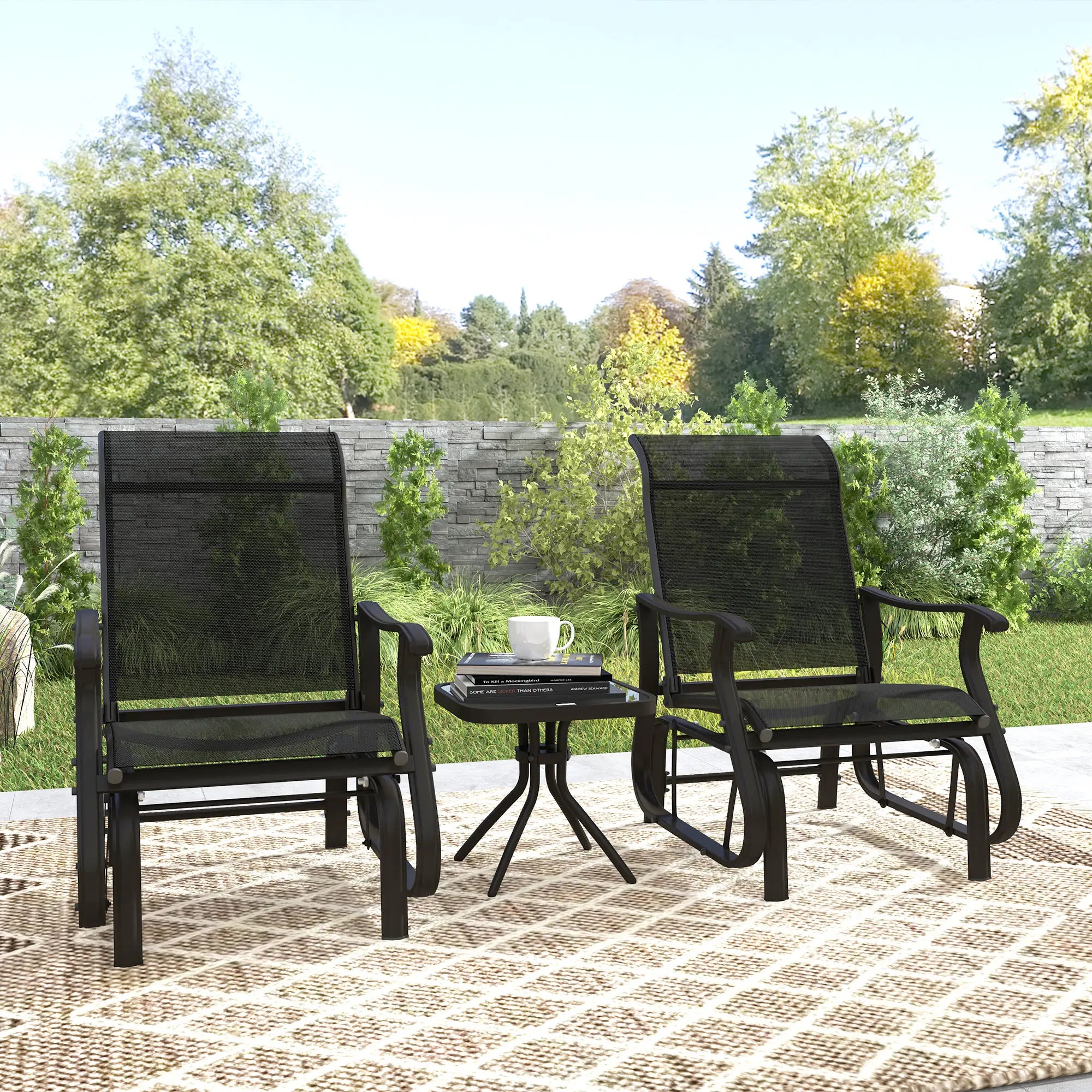 3PCs Gliding Rocking Chair, Bistro Tea Table Set, Black Outdoor Gliders at Gallery Canada