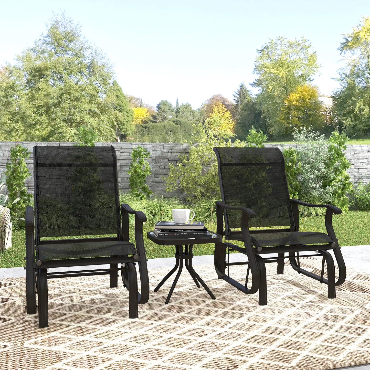 3PCs Gliding Rocking Chair, Bistro Tea Table Set, Black Outdoor Gliders at Gallery Canada