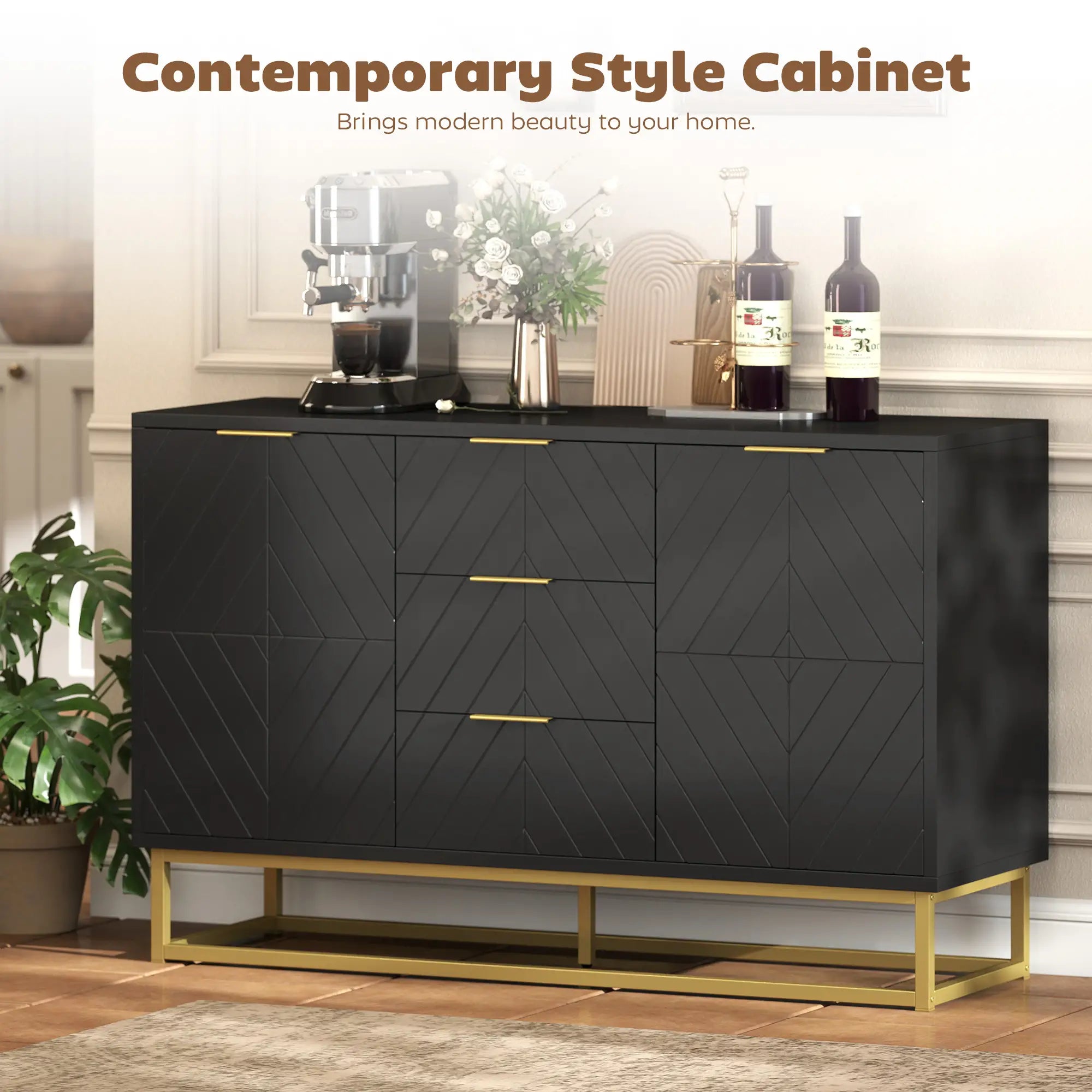 Sideboard Storage Cabinet, 3 Drawers, Adjustable Shelves, Black Kitchen Pantry Cabinets at Gallery Canada