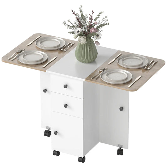 Mobile Drop Leaf Dining Table On Wheels, White And Oak, White Dining Tables White, Oak at Gallery Canada