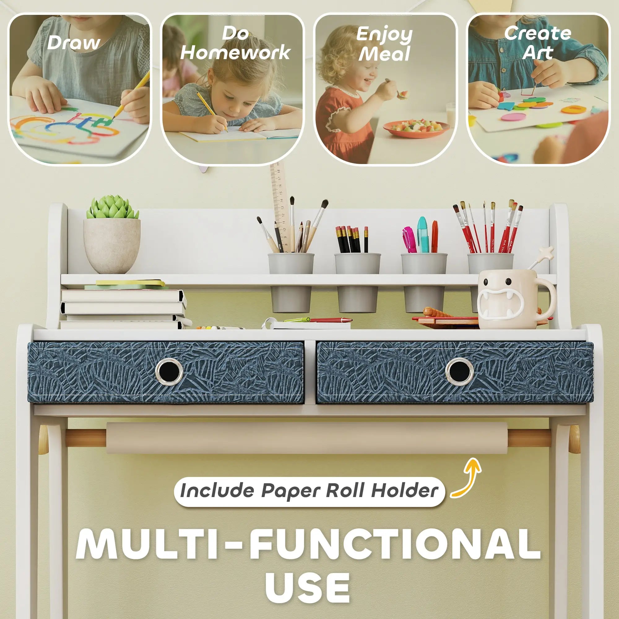 Kids Study Table and Chair Set, Art Desk with Storage Shelf, 3-8 Year Old Kids Desk Sets at Gallery Canada