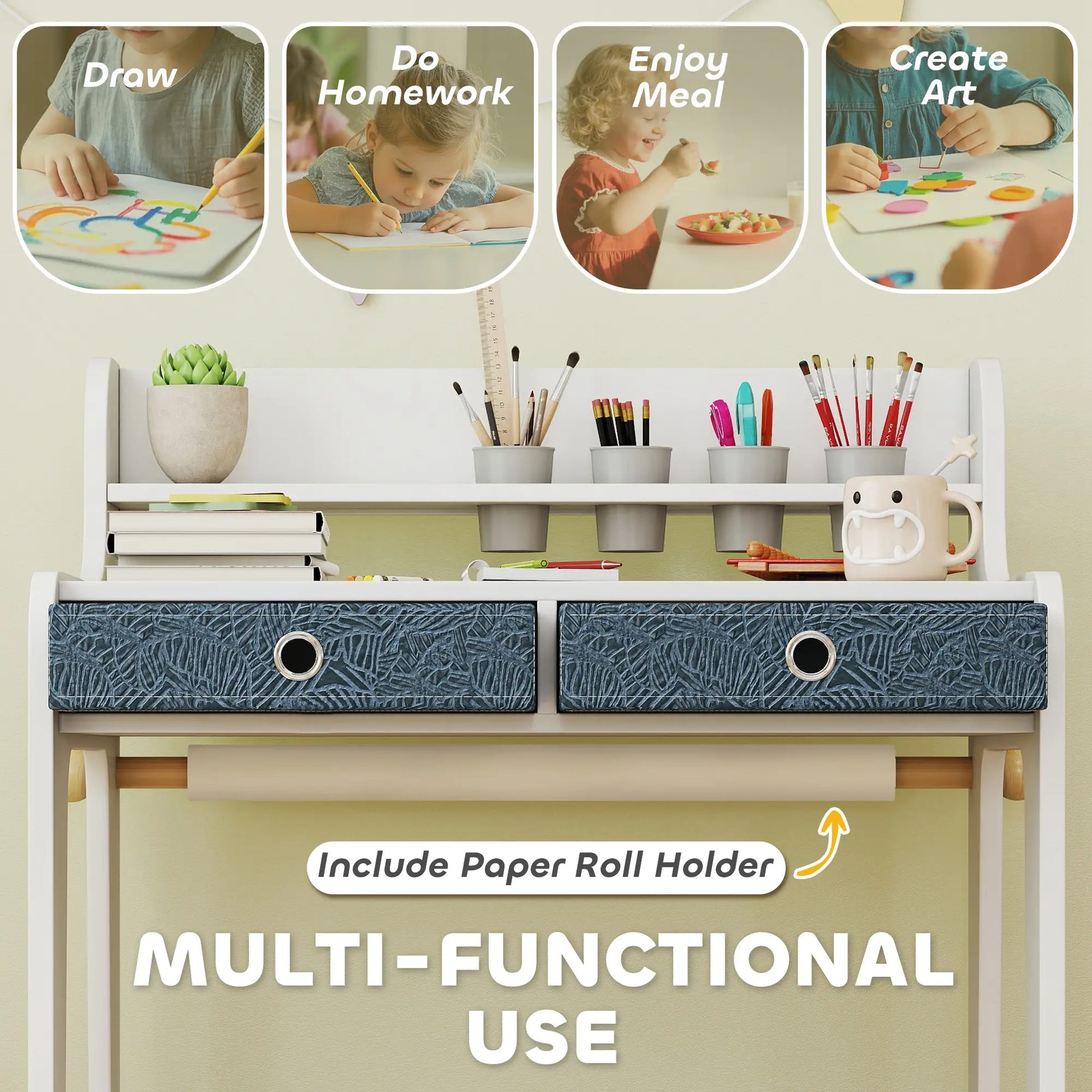 Kids Study Table and Chair Set, Art Desk with Storage Shelf, 3-8 Year Old Kids Desk Sets at Gallery Canada